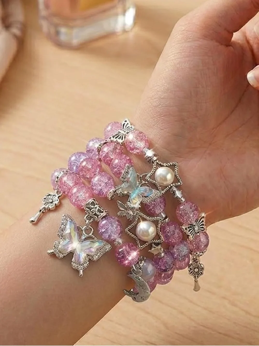 🆕New Pink Crackle Glass Beaded Bracelet 3 Piece Set w/Charms